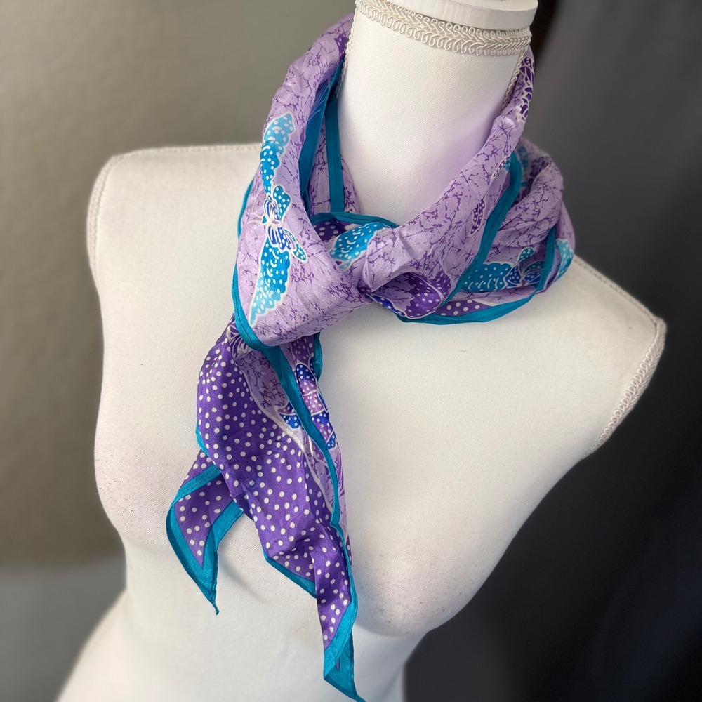 Vintage Oscar de‎ la Renta Silk Scarf Purple Teal Butterfly Floral Accessory